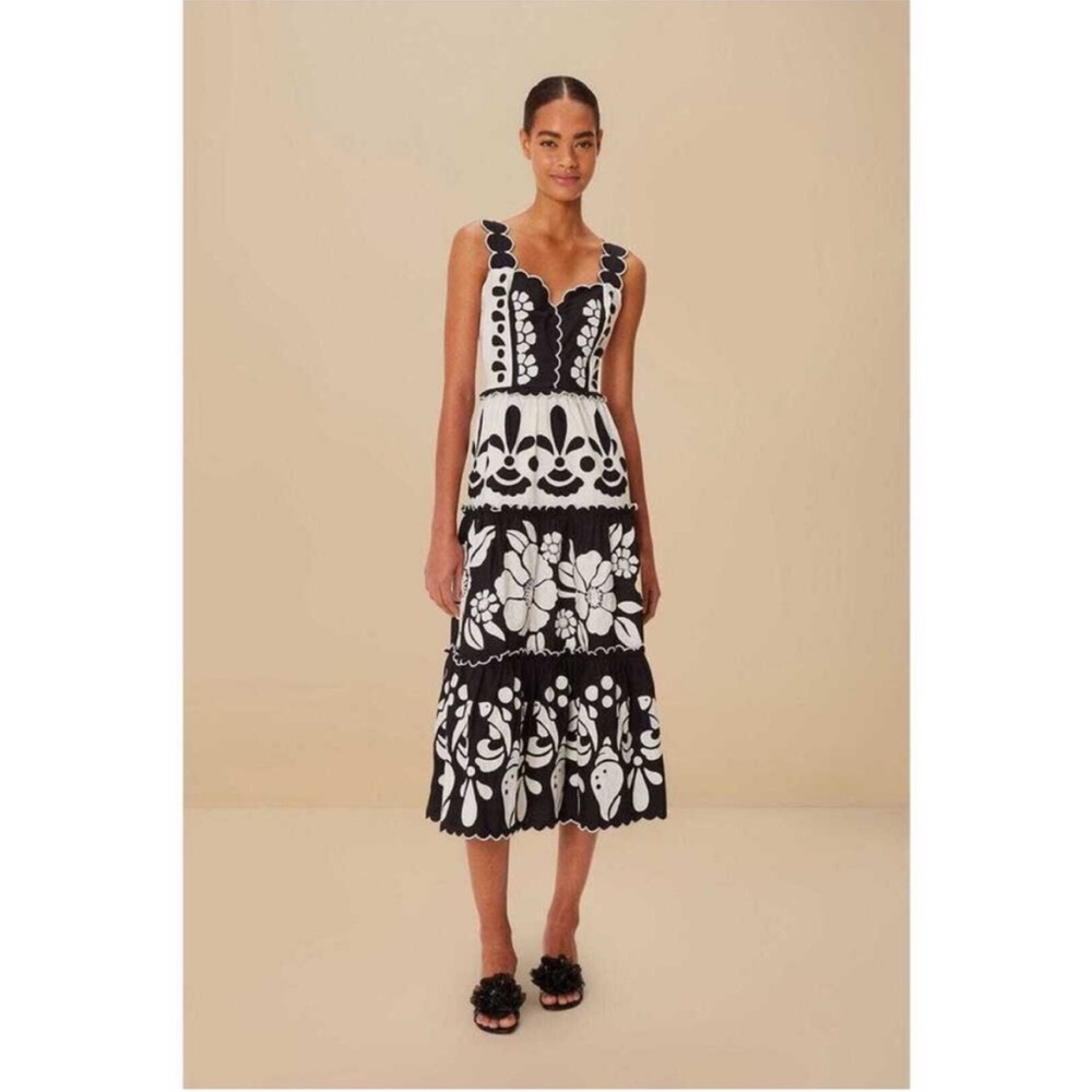 FARM Rio Black And White Summer Cutwork Organic Cotton Midi Dress Size XS